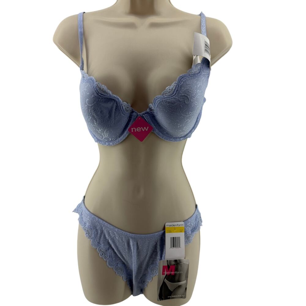 Maidenform One Fabulous Fit Bra Panty Lingerie Set Pale Blue Womens 36C/Large